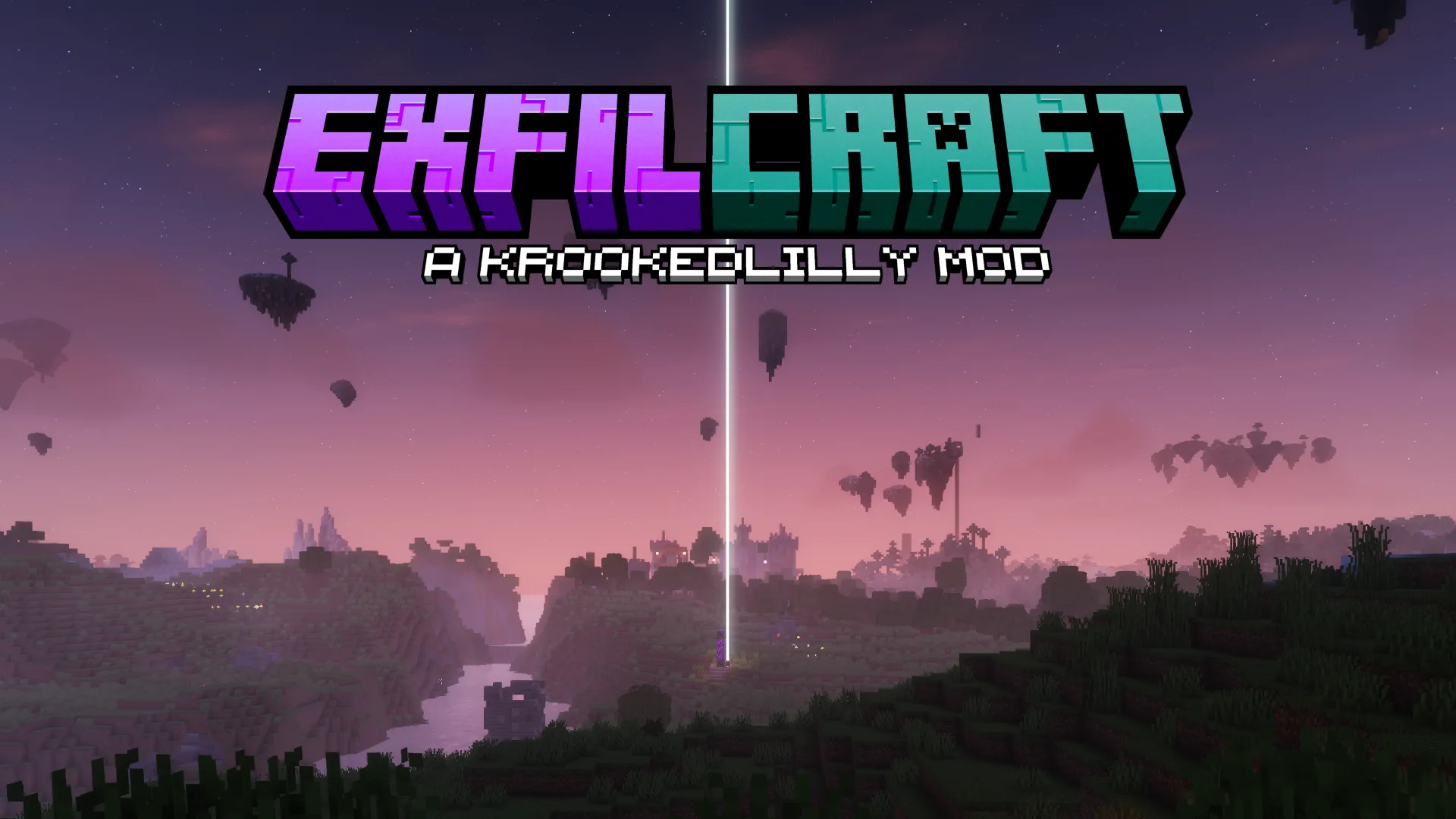 ExfilCraft: an extraction portal beam rising over a Minecraft valley at dusk